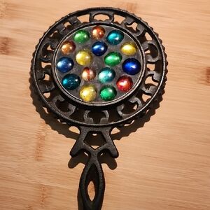 Decorative Black Metal Trivet with Multicolor Glass Accents